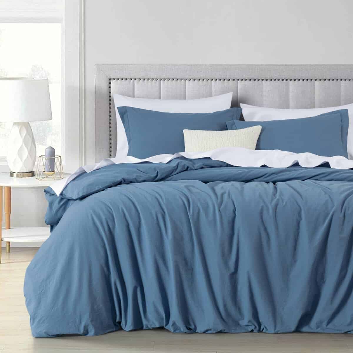 Set de Funda nórdica de Algodón Lavado Azul Sólido Chezmoi