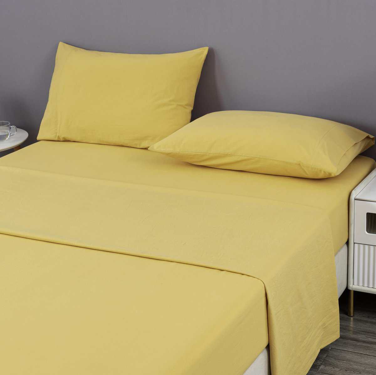 Juego de sábanas de algodón lavado sólido amarillo Chezmoi - Imagen 8