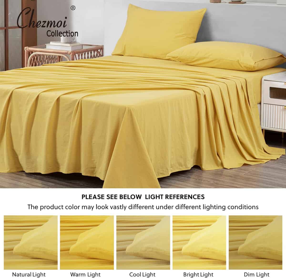 Juego de sábanas de algodón lavado sólido amarillo Chezmoi - Imagen 6