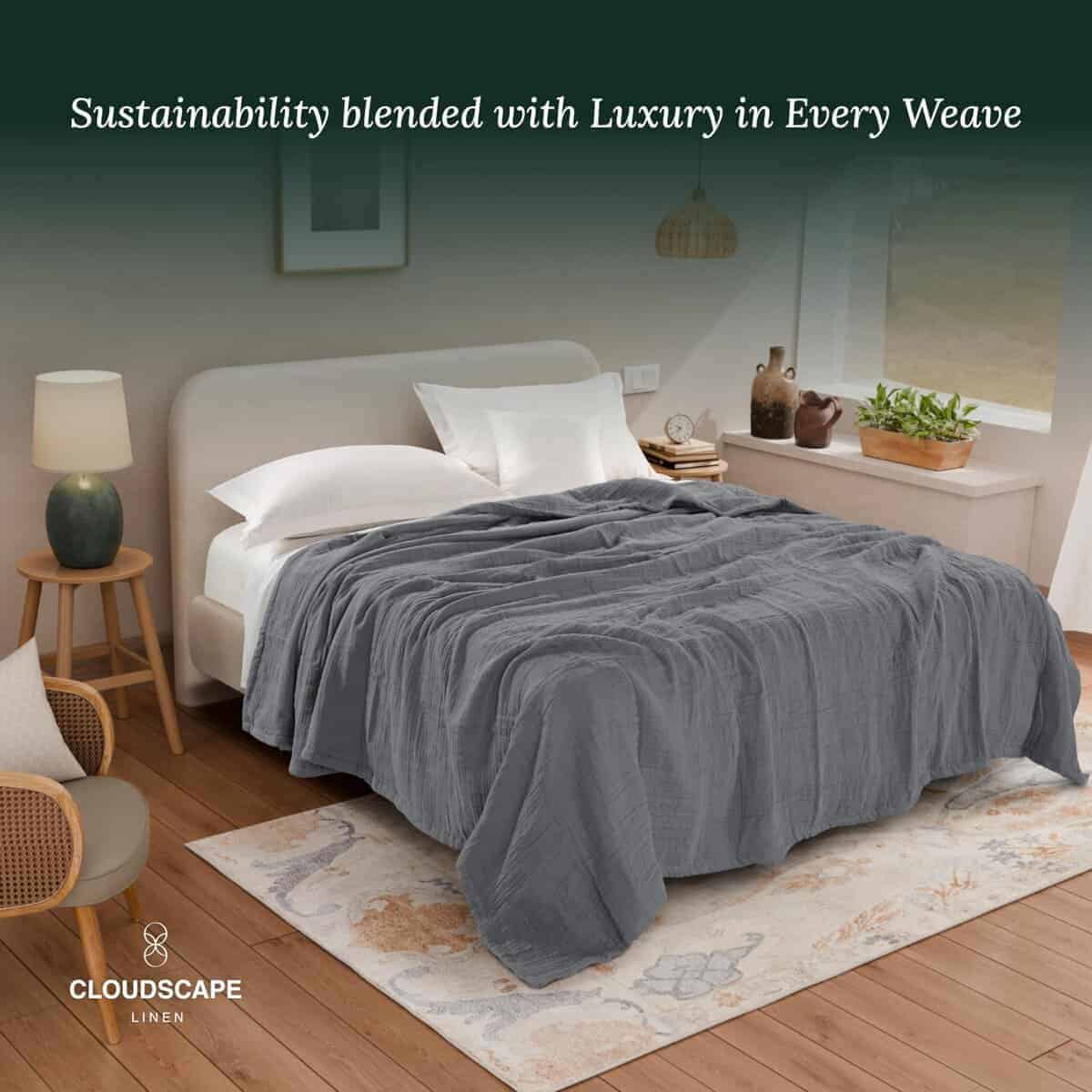 Manta de lino y algodón Cloud Scape tamaño King para cama, - Imagen 3
