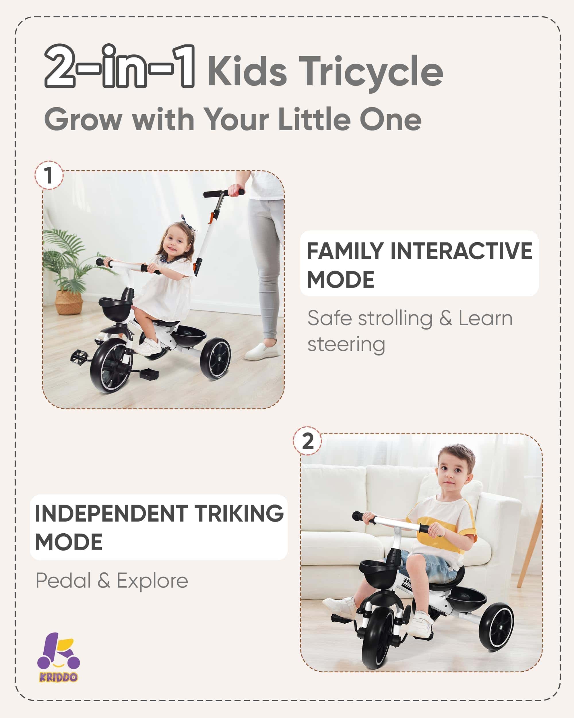 Triciclo para Niños KRIDDO 2-en-1 para Edades -Blanco - Imagen 3