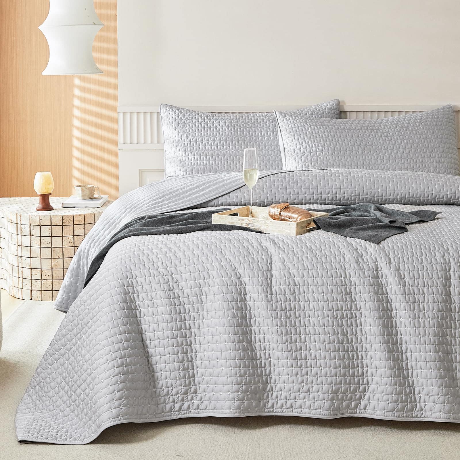 Juego de Edredón de Color Gris Claro WARMDERN Tamaño Queen,