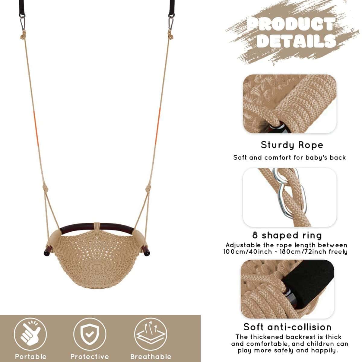 Hi-Na Asiento de columpio para niños con respaldo y manija, - Imagen 4