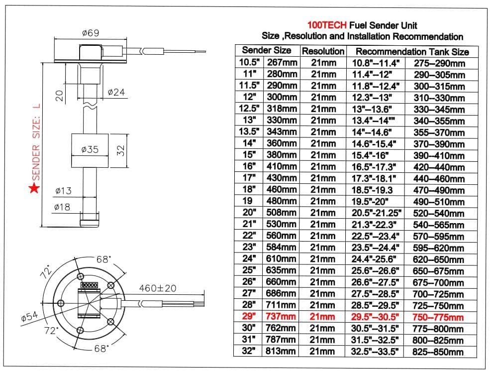 100TECH Sensor de Nivel de Combustible 29" (737mm) para - Imagen 6
