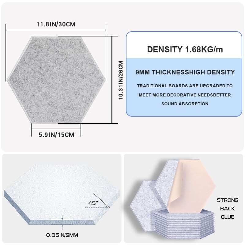 QINGFANGLI 12 Pack Paneles Acústicos Hexagonales -Gris Plata - Imagen 3