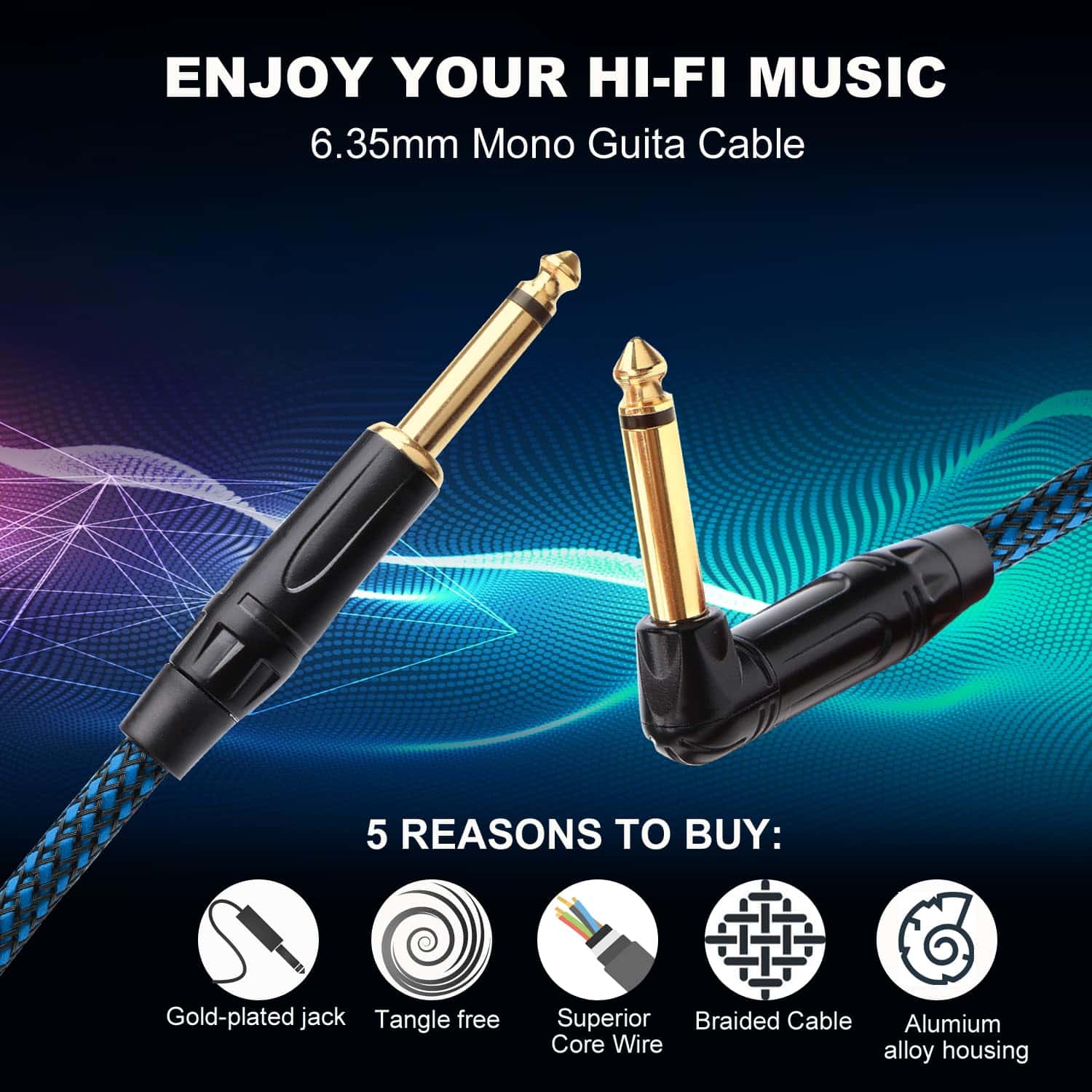 Cable de Guitarra Corson 6.35mm Mono Macho a Macho Chapado - Imagen 3