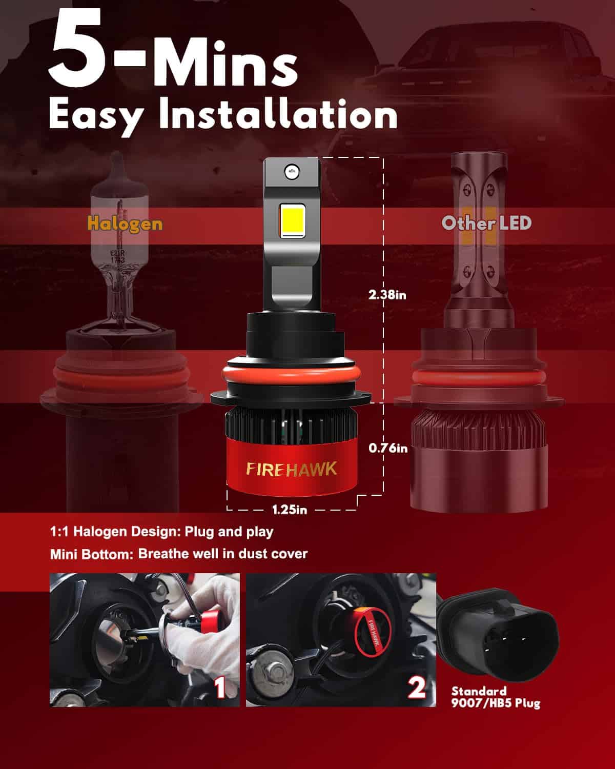 Bombillas LED Firehawk 9007/HB5 40000LM 990% Brillo 6000K - Imagen 6