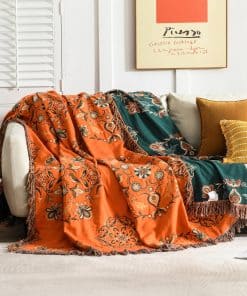 Manta de Boho Naranja PANGUSHAN, 100% Algodón Reversible