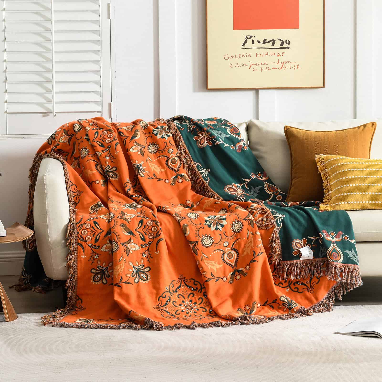 Manta de Boho Naranja PANGUSHAN, 100% Algodón Reversible