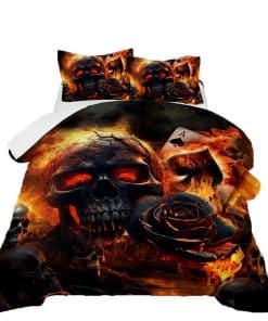 Set de Ropa de Cama 3D de Rosa de Fuego y Calavera para