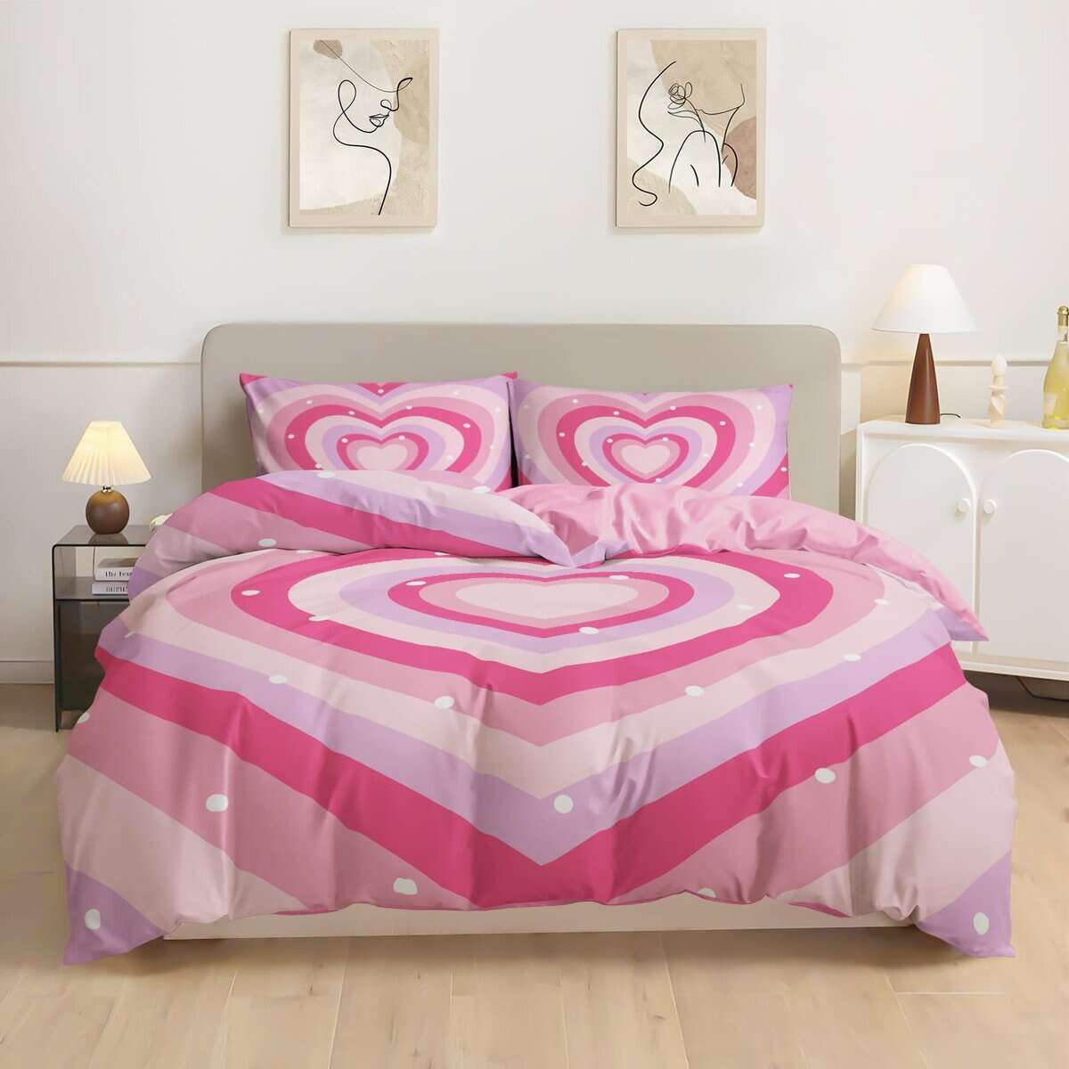 Rvciby Cute Pink Heart Duvet Cover Queen Size, Juego de