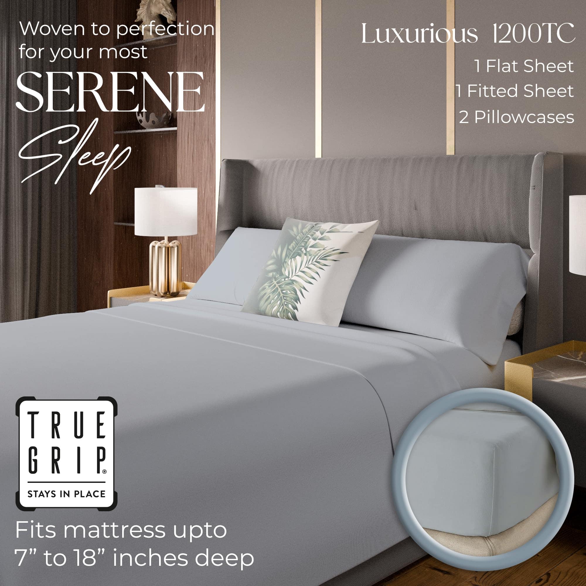 Juego de sábanas de algodón de 1200 hilos Full Light Gray, - Imagen 3