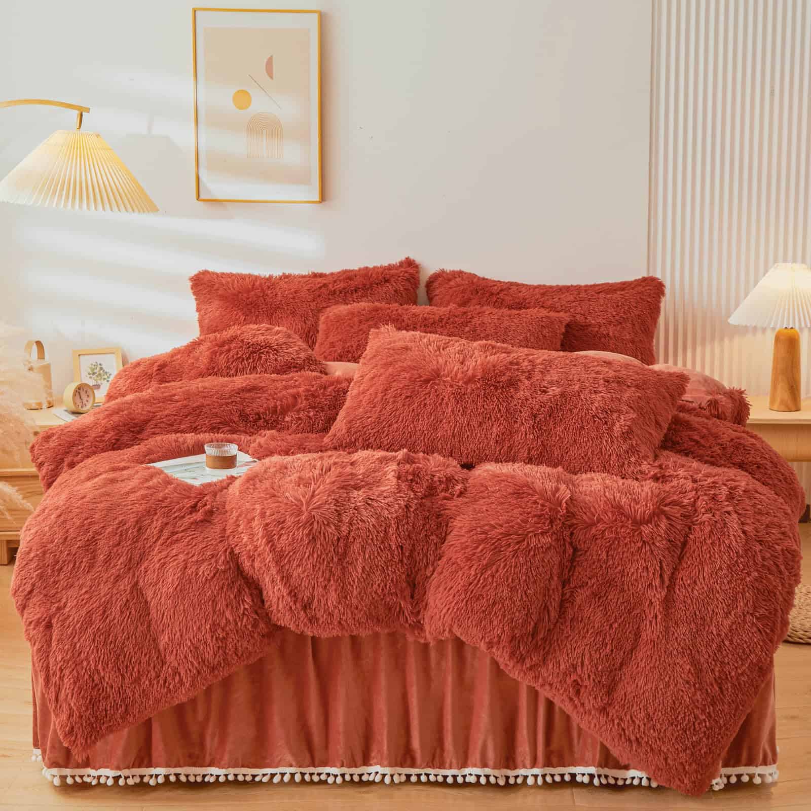 Juego de funda nórdica de felpa de piel sintética naranja
