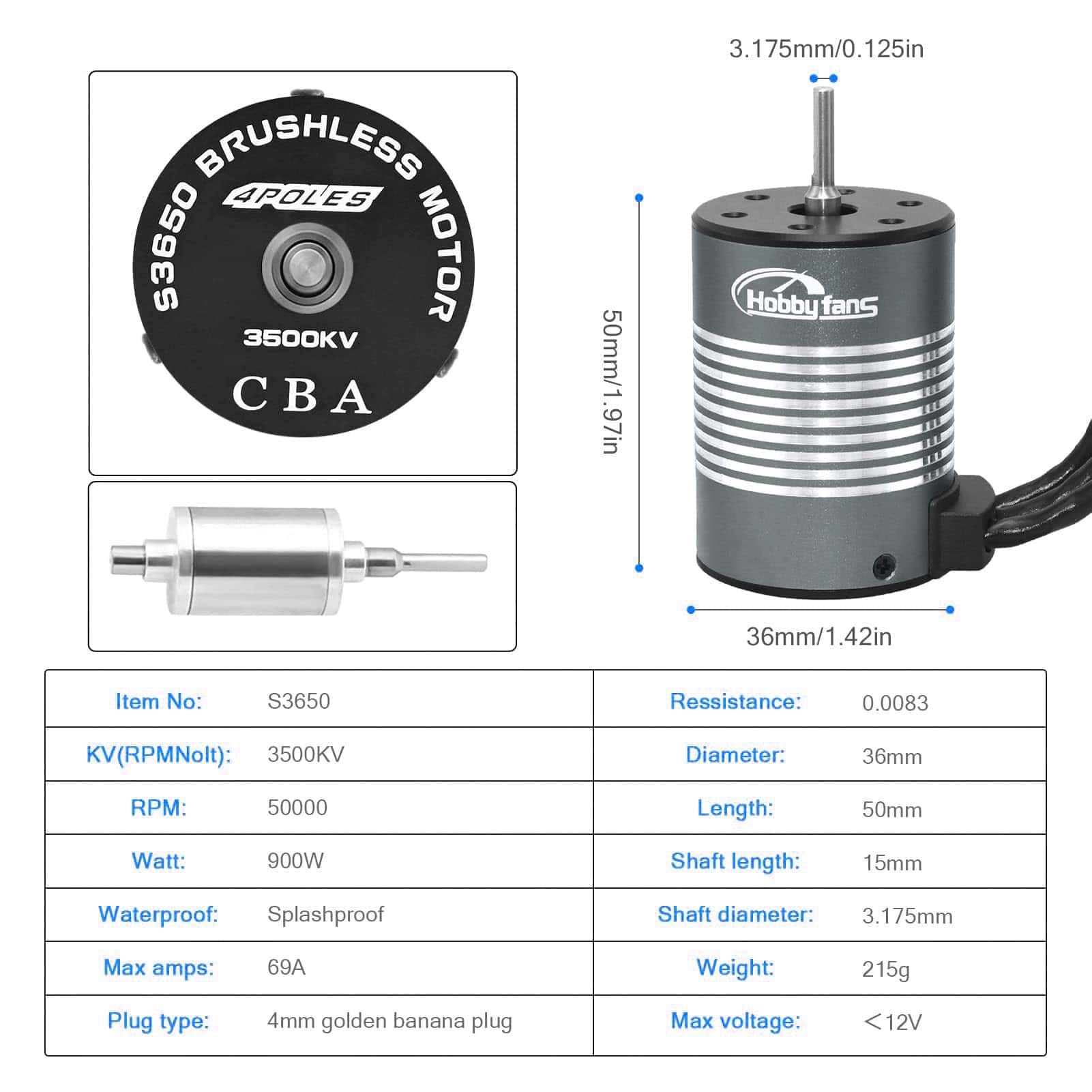 Motor sin escobillas Hobby Fans S3650 3500KV Impermeable - Imagen 3