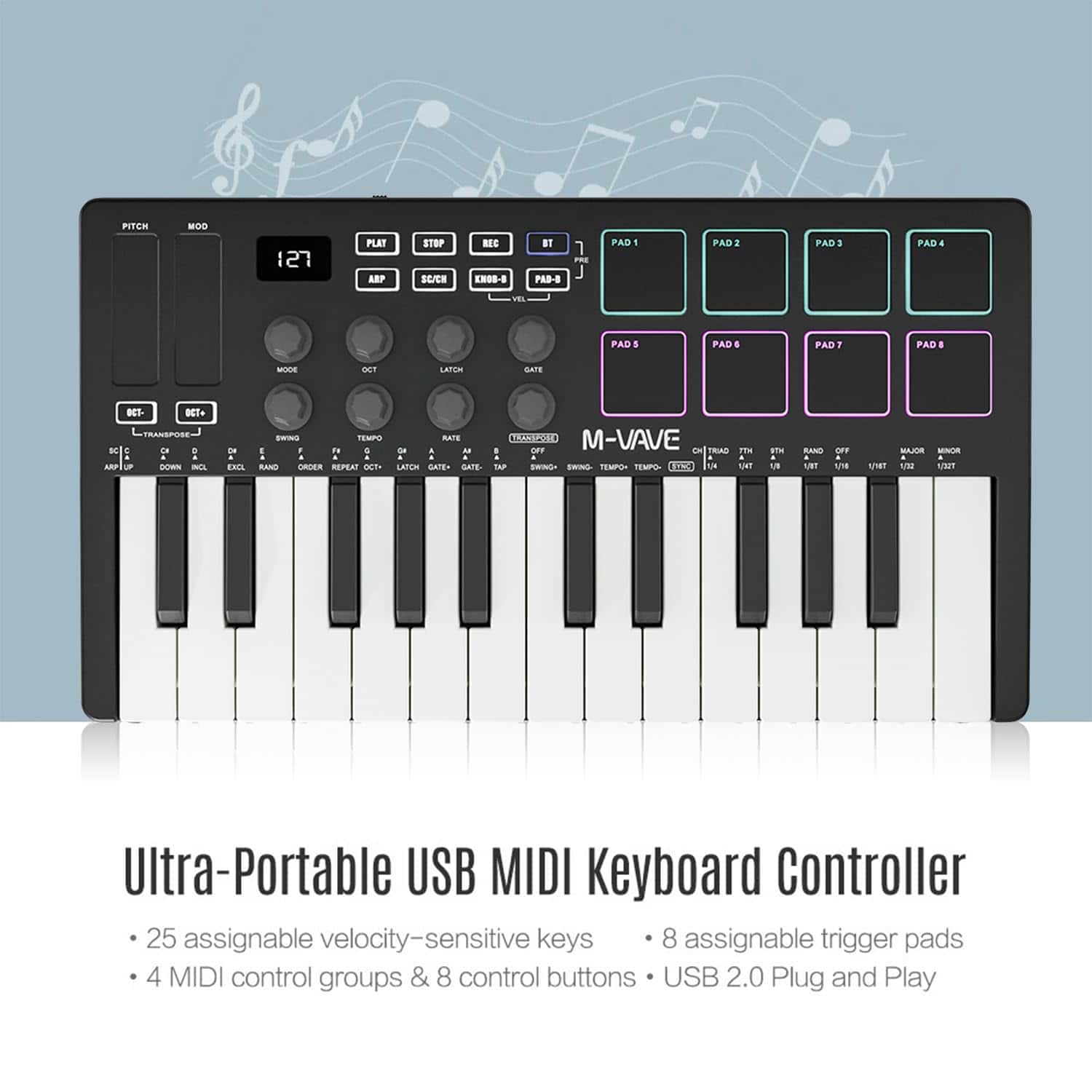 Controlador de teclado MIDI USB M-VAVE de 25 teclas con 8 - Imagen 7