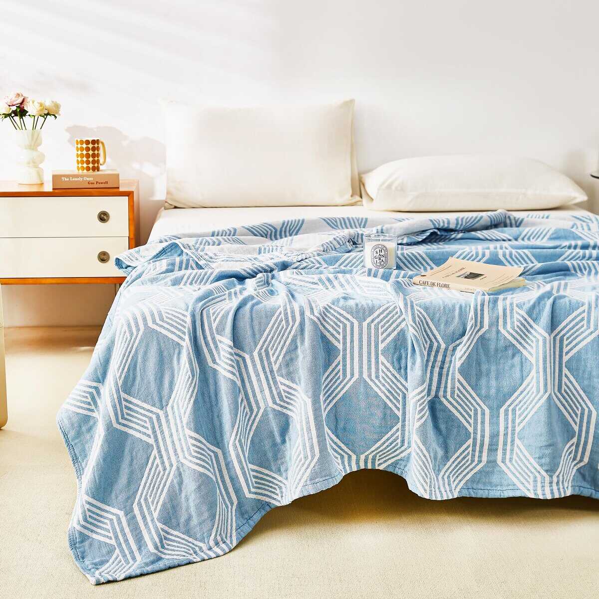 MEJU Modern Blue Stripe Geometric Checks Muslin Manta de - Imagen 5