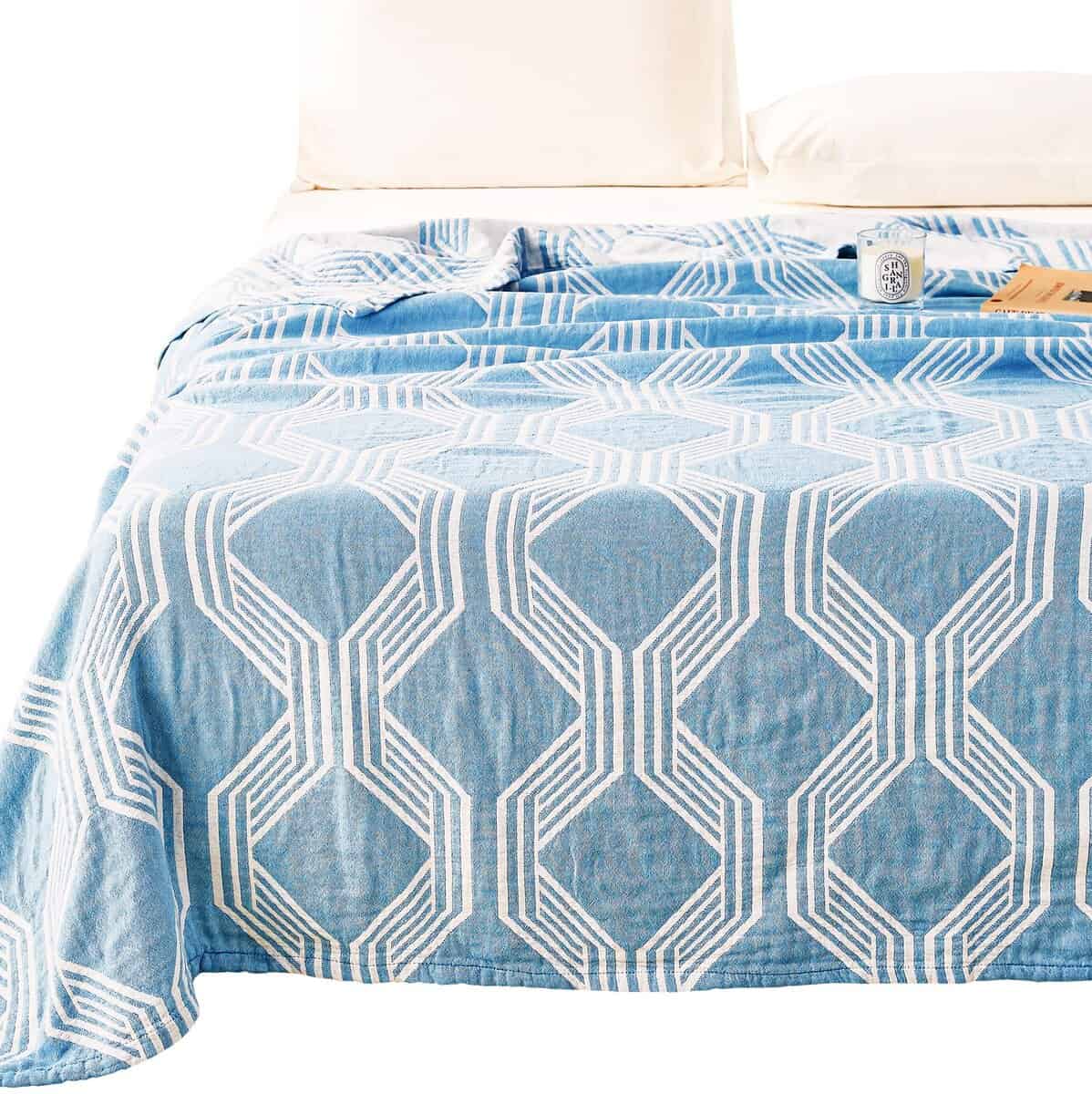 MEJU Modern Blue Stripe Geometric Checks Muslin Manta de