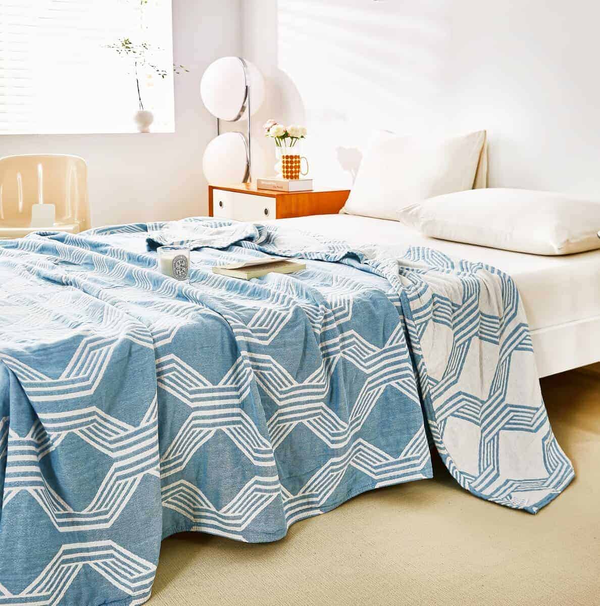 MEJU Modern Blue Stripe Geometric Checks Muslin Manta de - Imagen 4