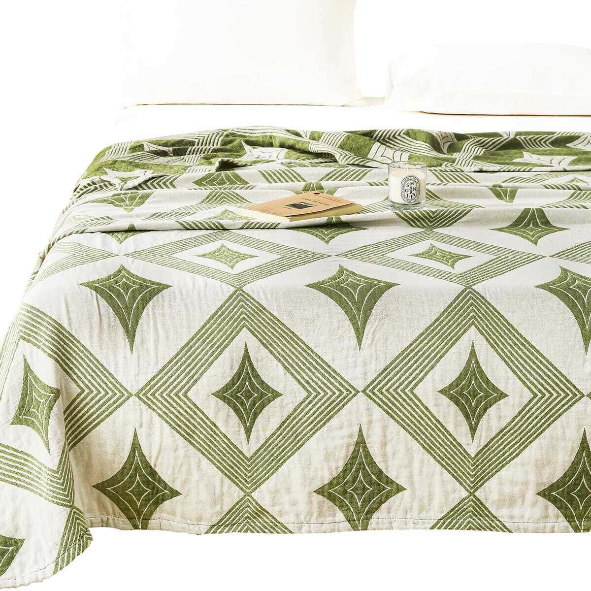 Manta Decorativa para Cama Sofá Diván 100% Algodón Verde