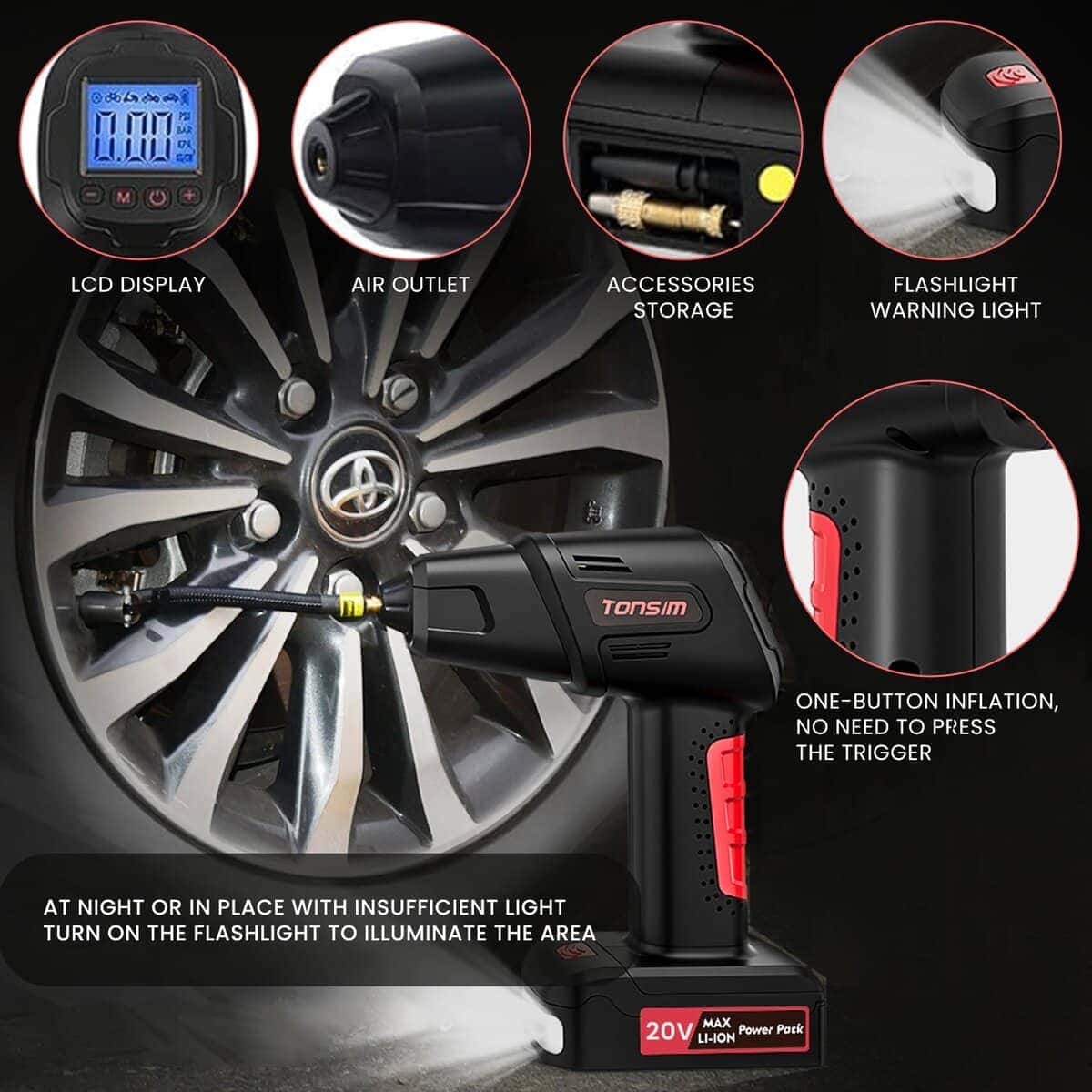 Inflador de neumáticos TONSIM 20V Compresor de aire - Imagen 5