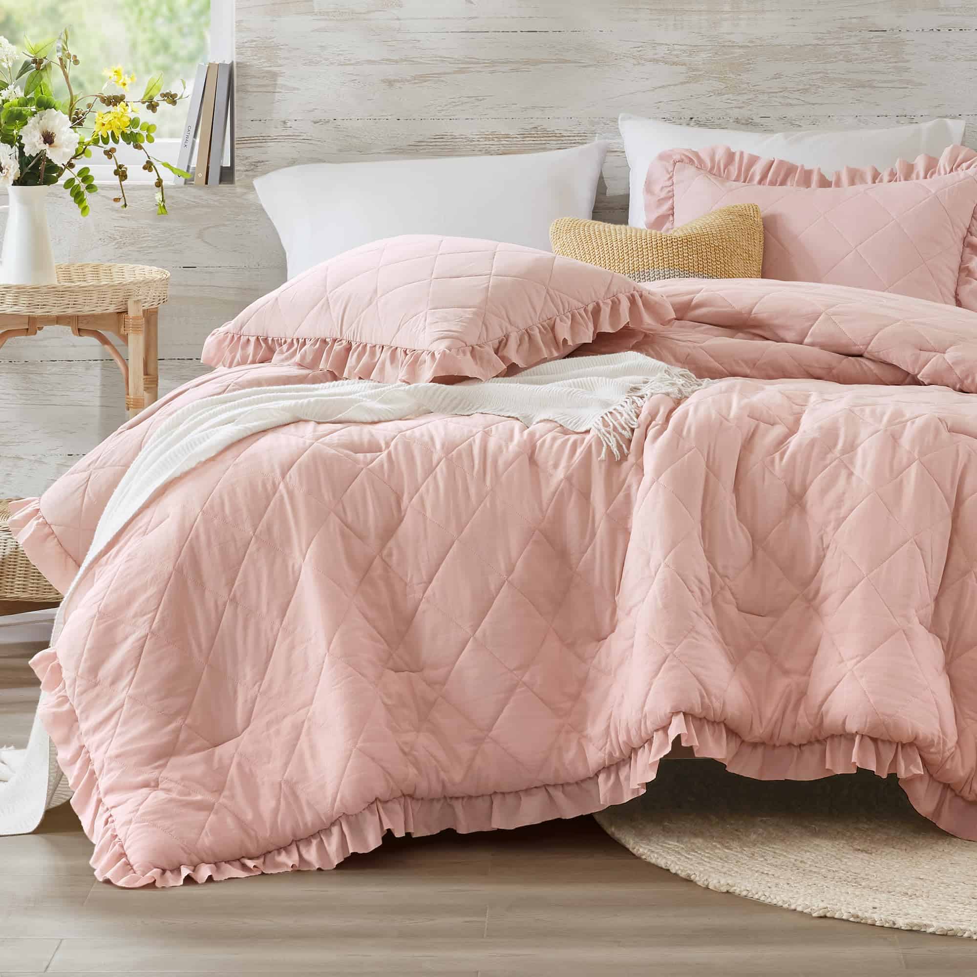 Juego de Ropa de Cama con Volantes en Rosa, Edredón de