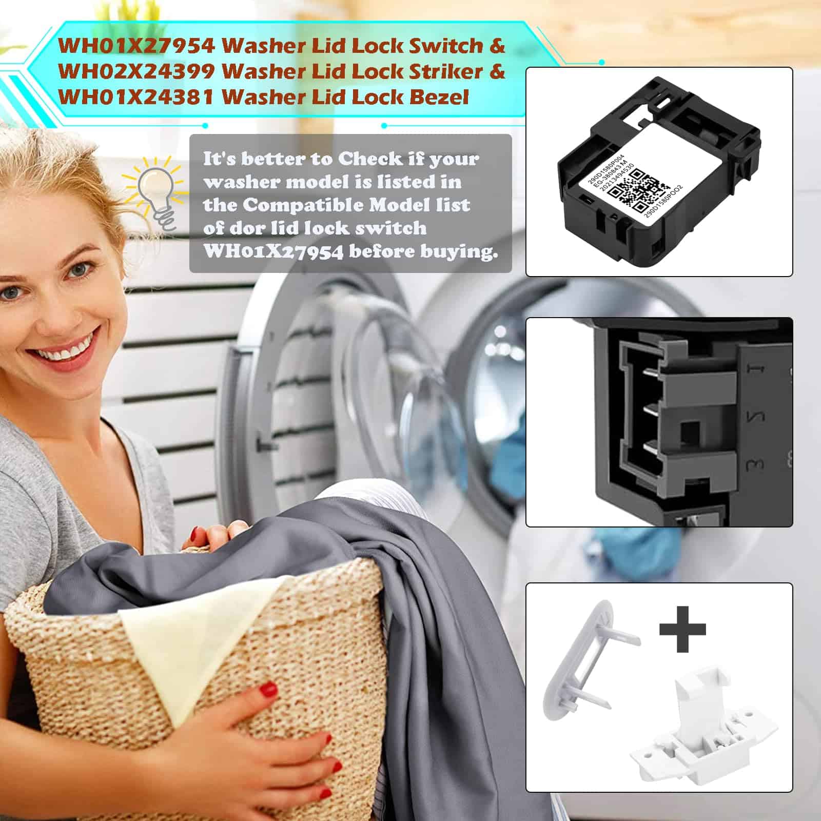 Interruptor de Bloqueo de Tapa de Lavadora WH01X27954, - Imagen 4