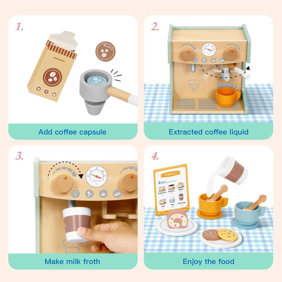 Oook 2 en 1 Juguete Cafetera, Cafetera de Madera para - Imagen 5