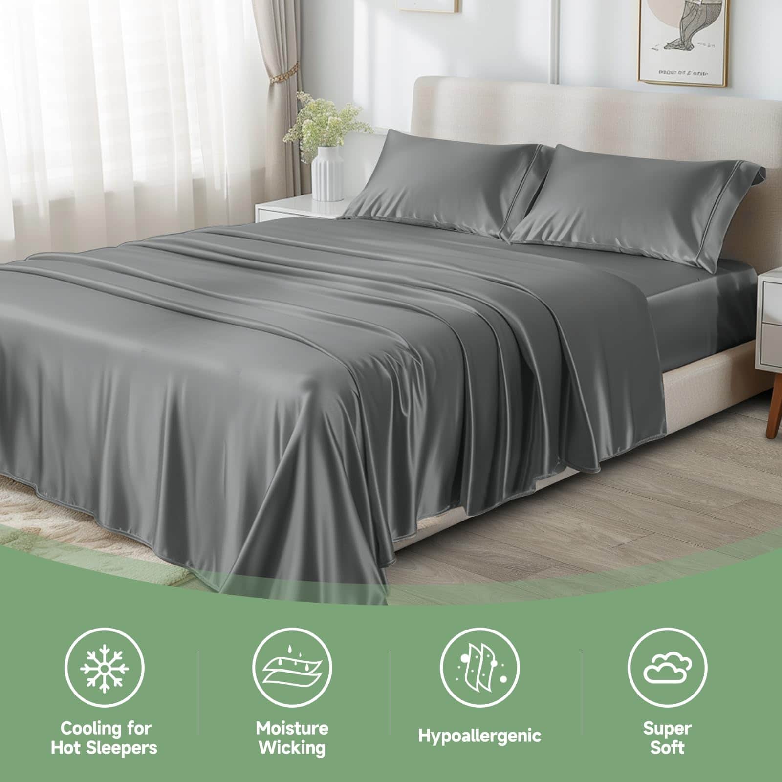 Juego de Sábanas King EaseHome, Rayon -Gris Oscuro - Imagen 4