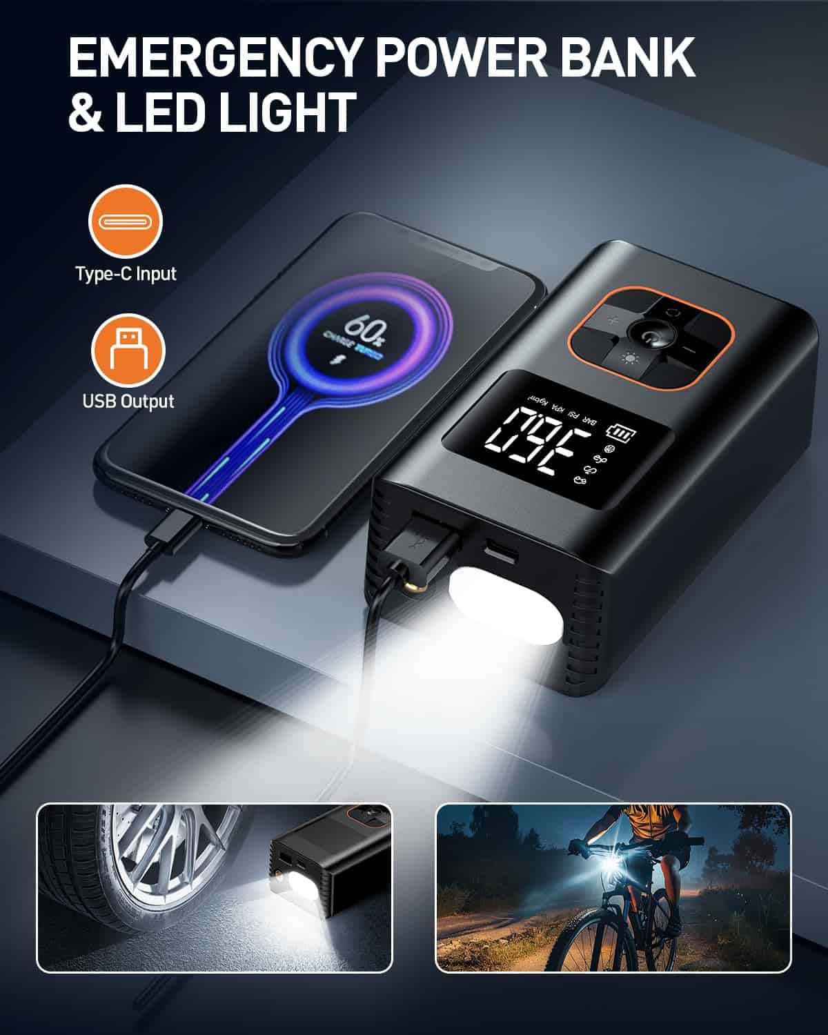 Inflador de neumáticos portátil, compresor de aire - Imagen 7