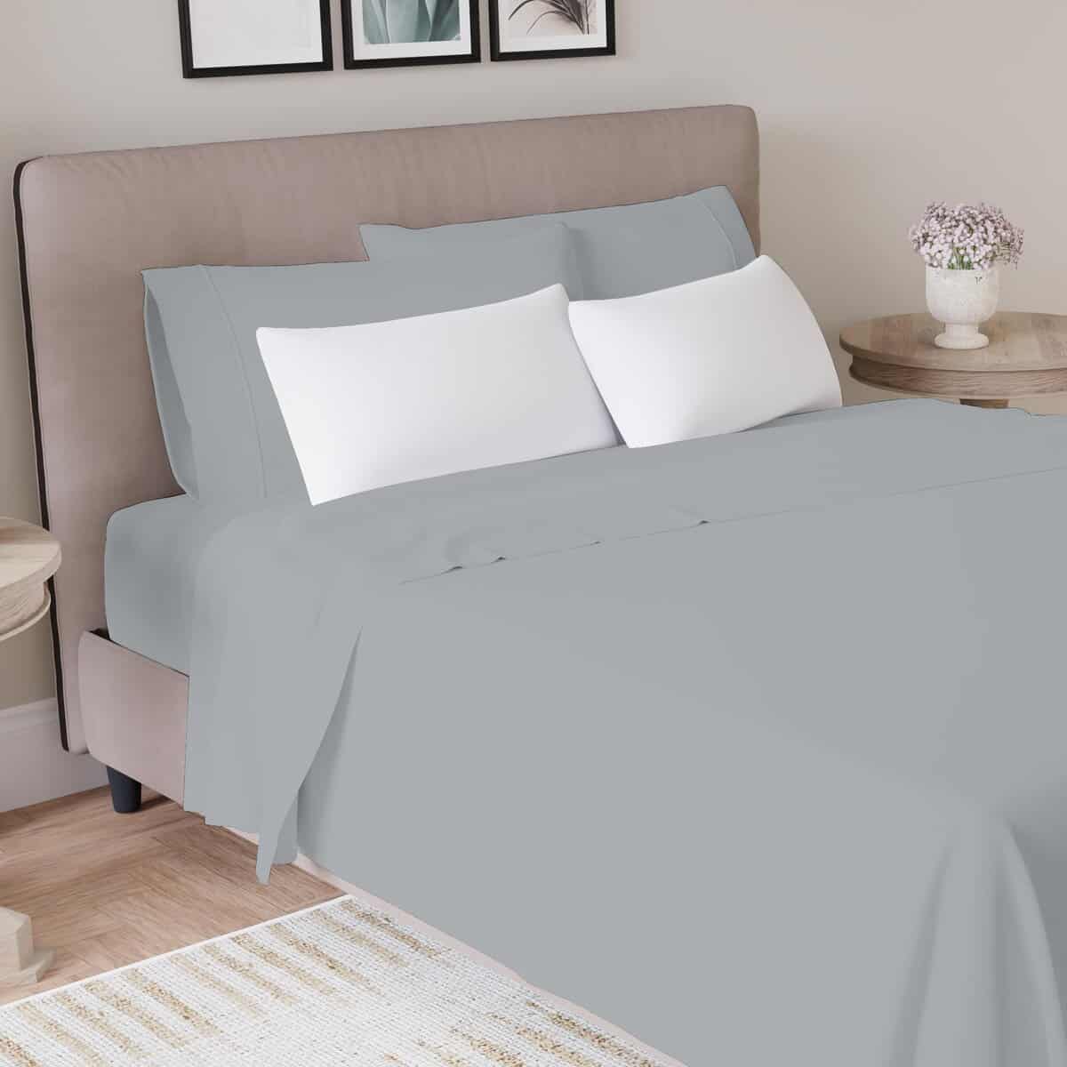 Juego de sábanas de cama 100% algodón color gris claro