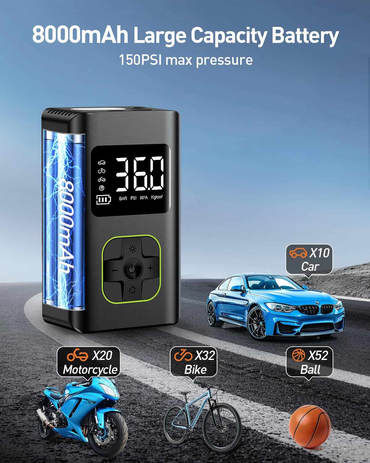 Inflador de neumáticos HIPOM portátil, Compresor de aire - Imagen 5