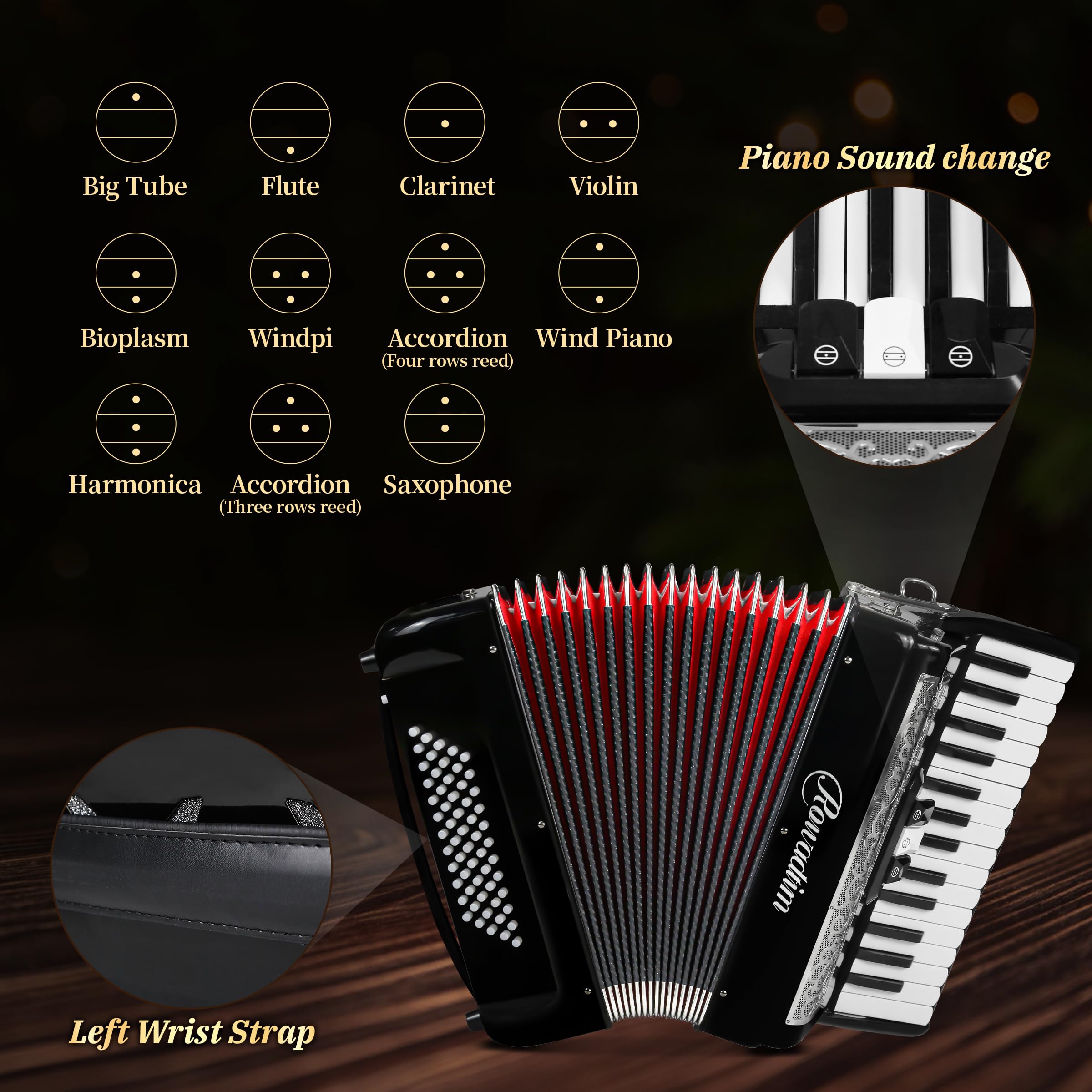 Acordeón - Teclado profesional de 30 teclas y -Negro - Imagen 6