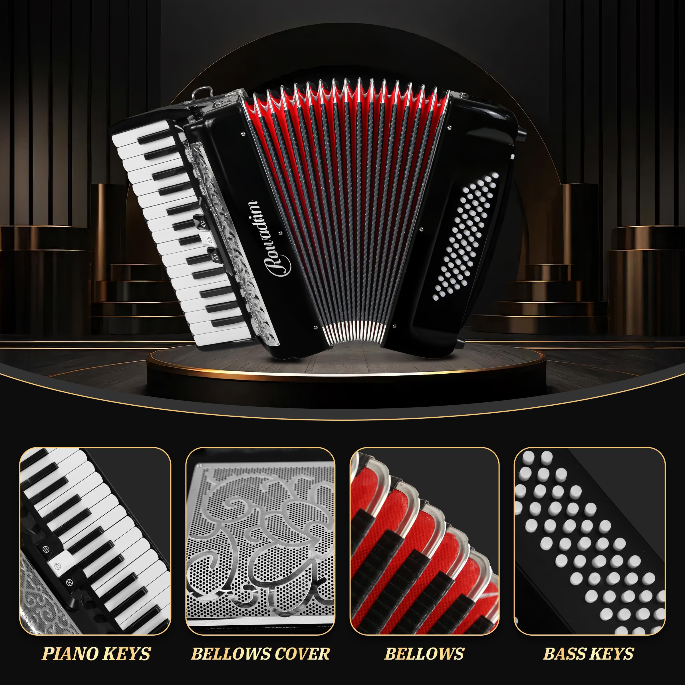 Acordeón - Teclado profesional de 30 teclas y -Negro - Imagen 5