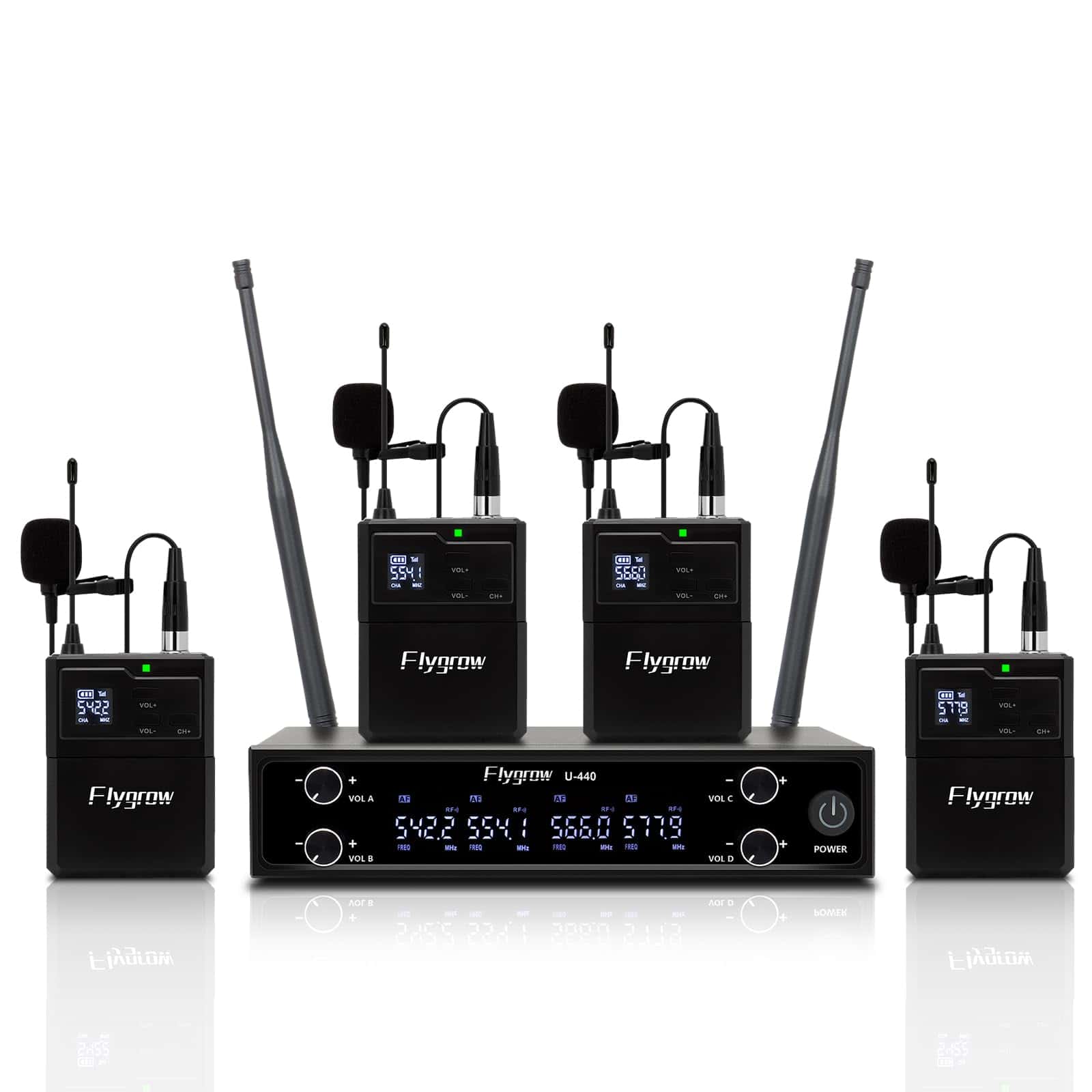 Micrófono de solapa UHF de 4 canales Flygrow con transmisor