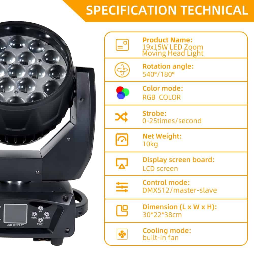 Luces de Escenario Moving Head 19x15W RGBW 4 en 1 Luces Led - Imagen 5
