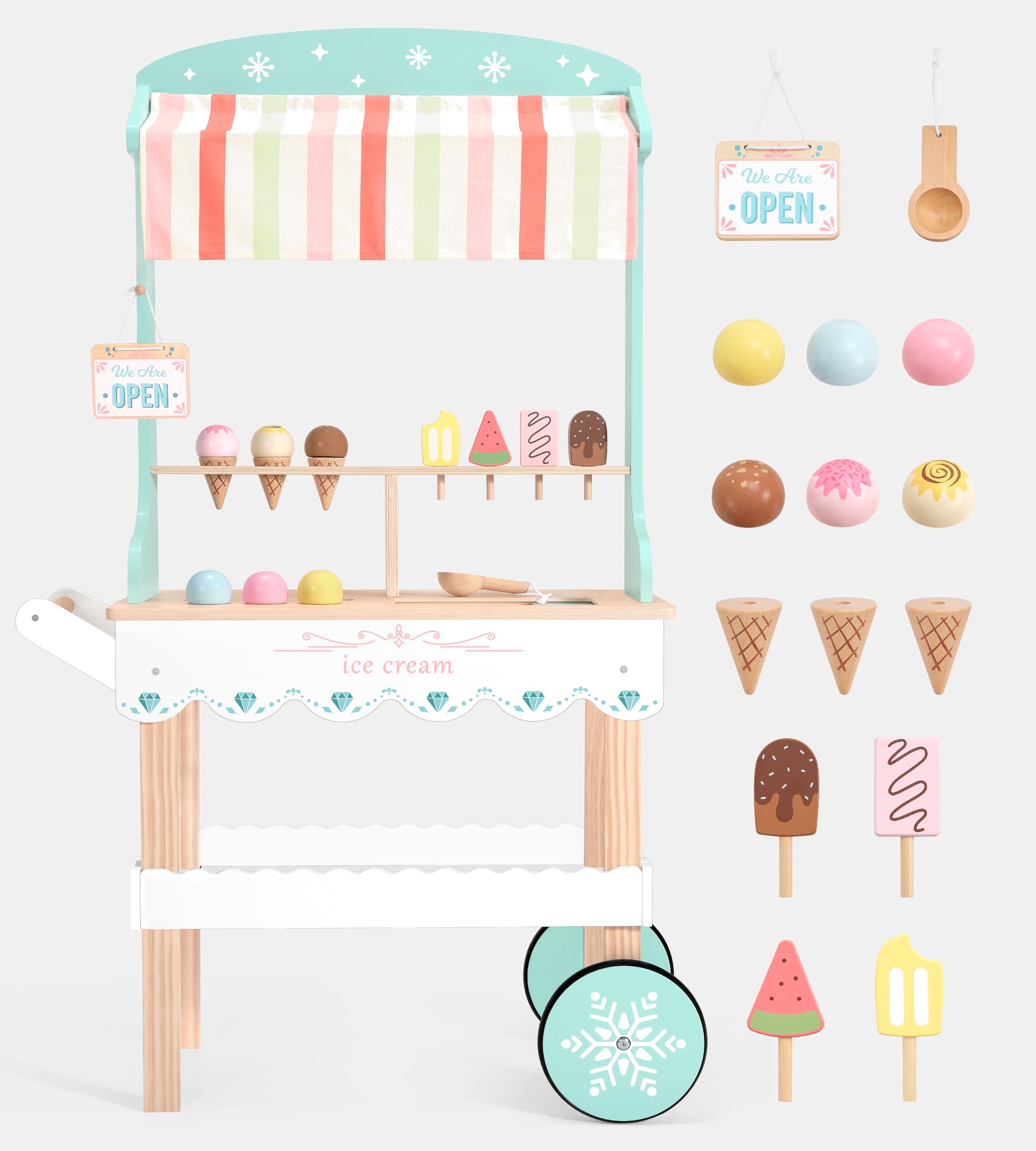 Carrito de helados de madera PairPear para niños, juego de
