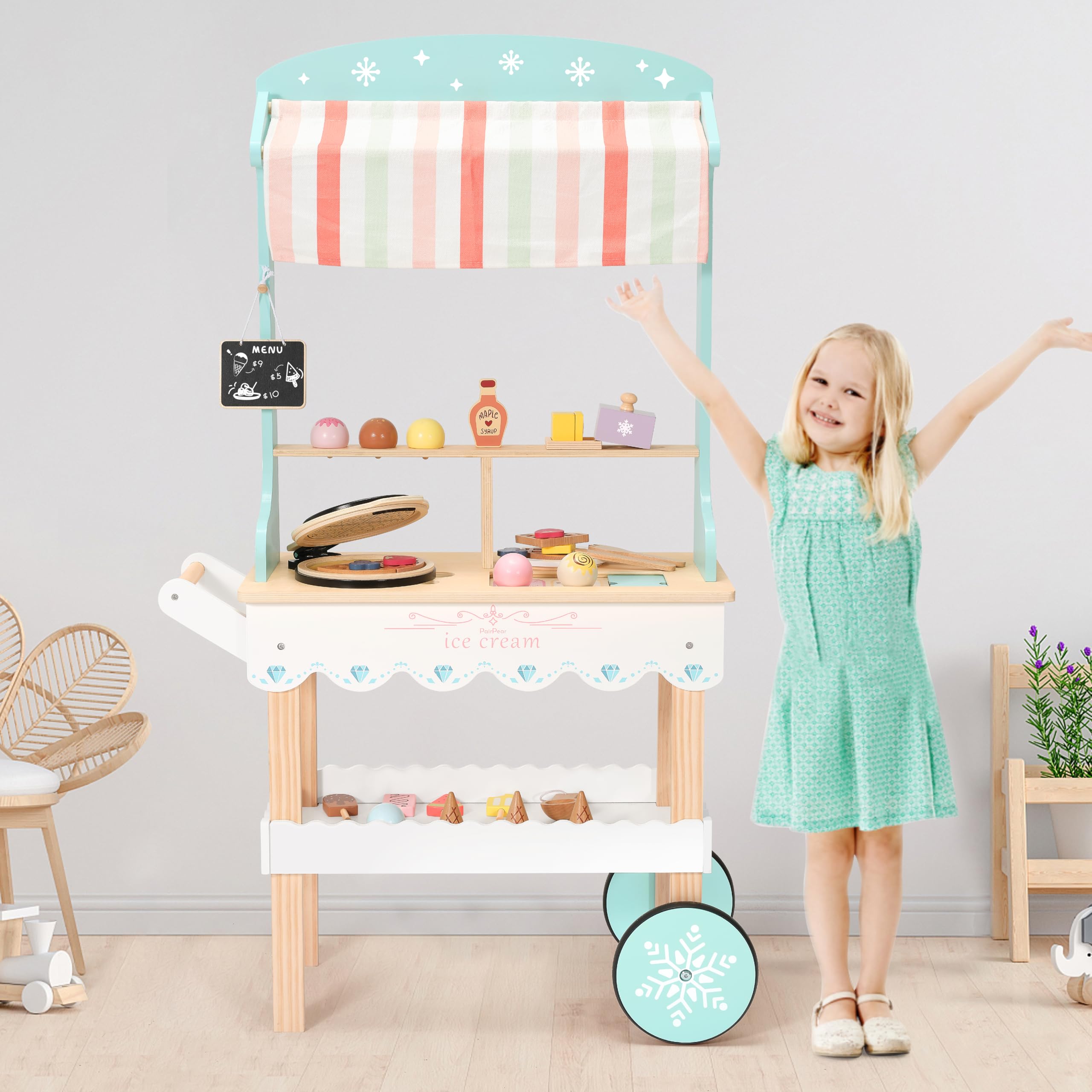 Carrito de helados de madera PairPear para niños, juego de - Imagen 8