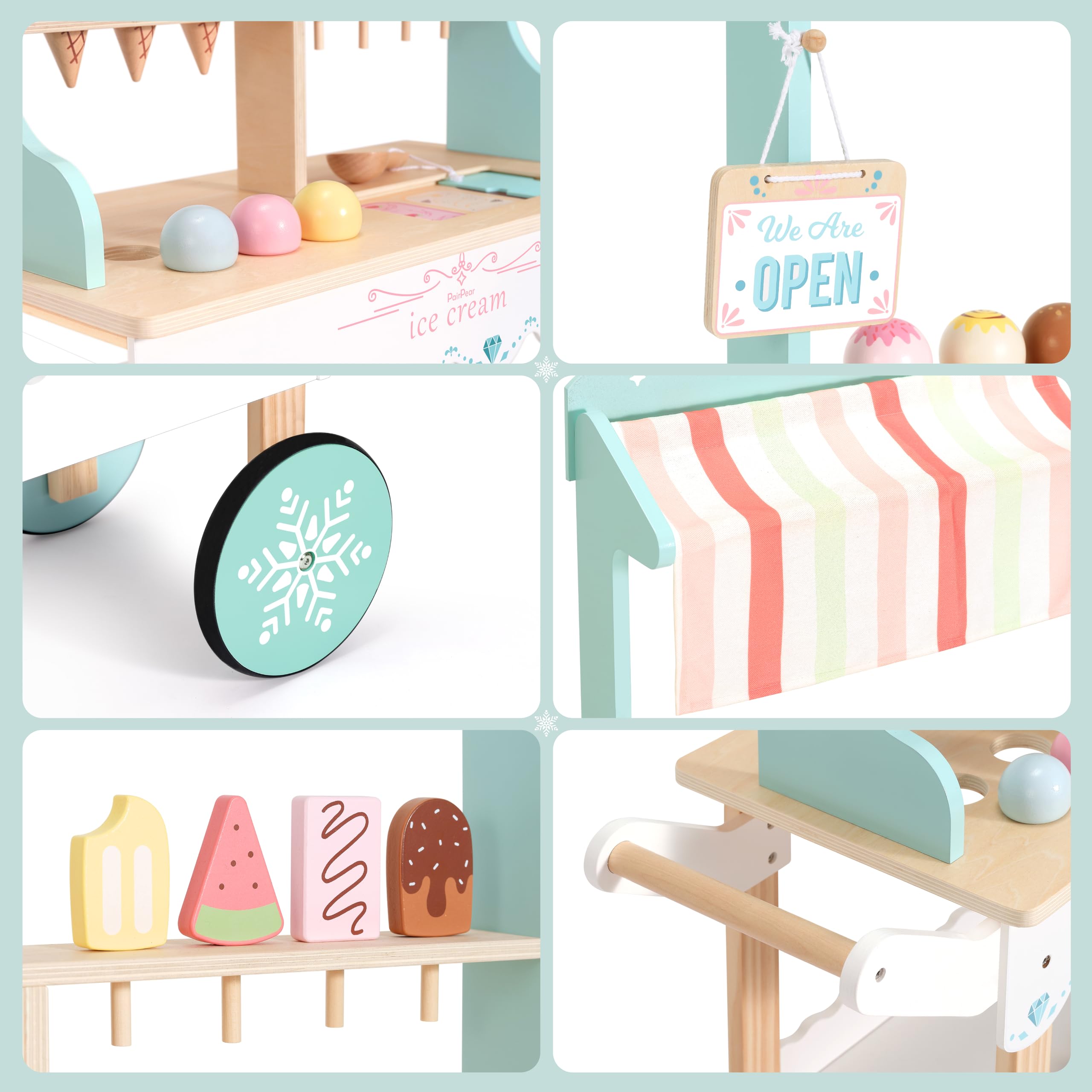 Carrito de helados de madera PairPear para niños, juego de - Imagen 4