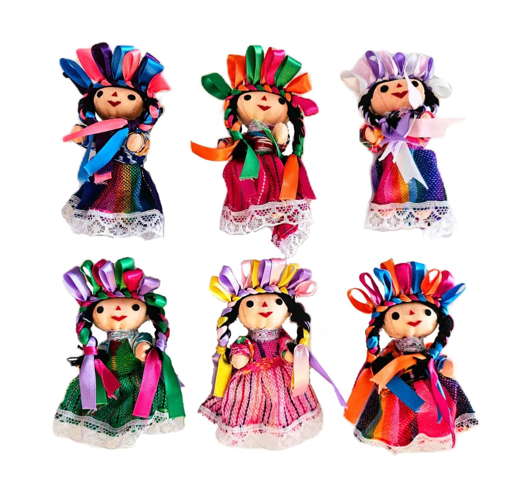 Paquete de 6 lindas muñecas de trapo mexicanas hechas a