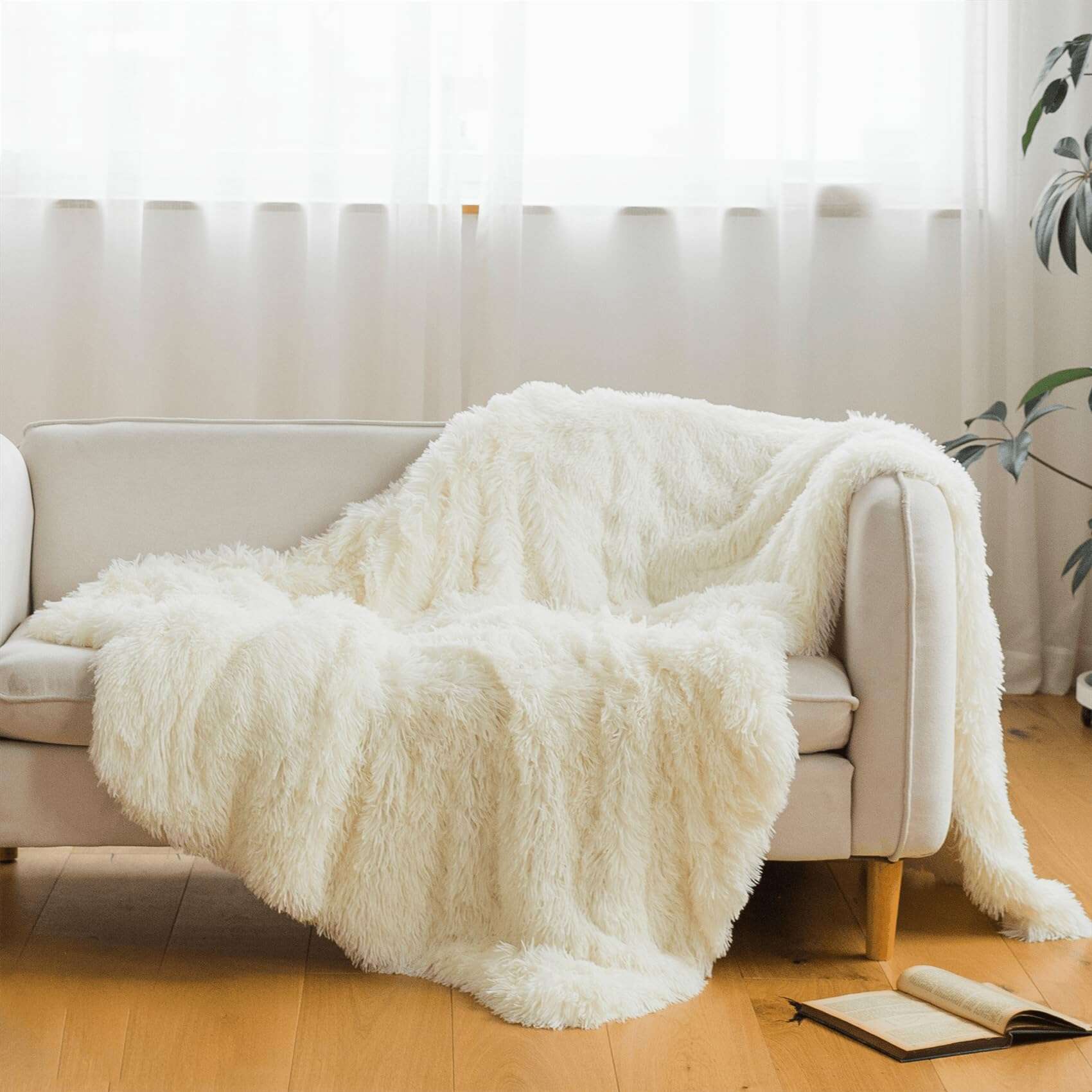 Manta de pelo sintético beige, manta esponjosa beige de