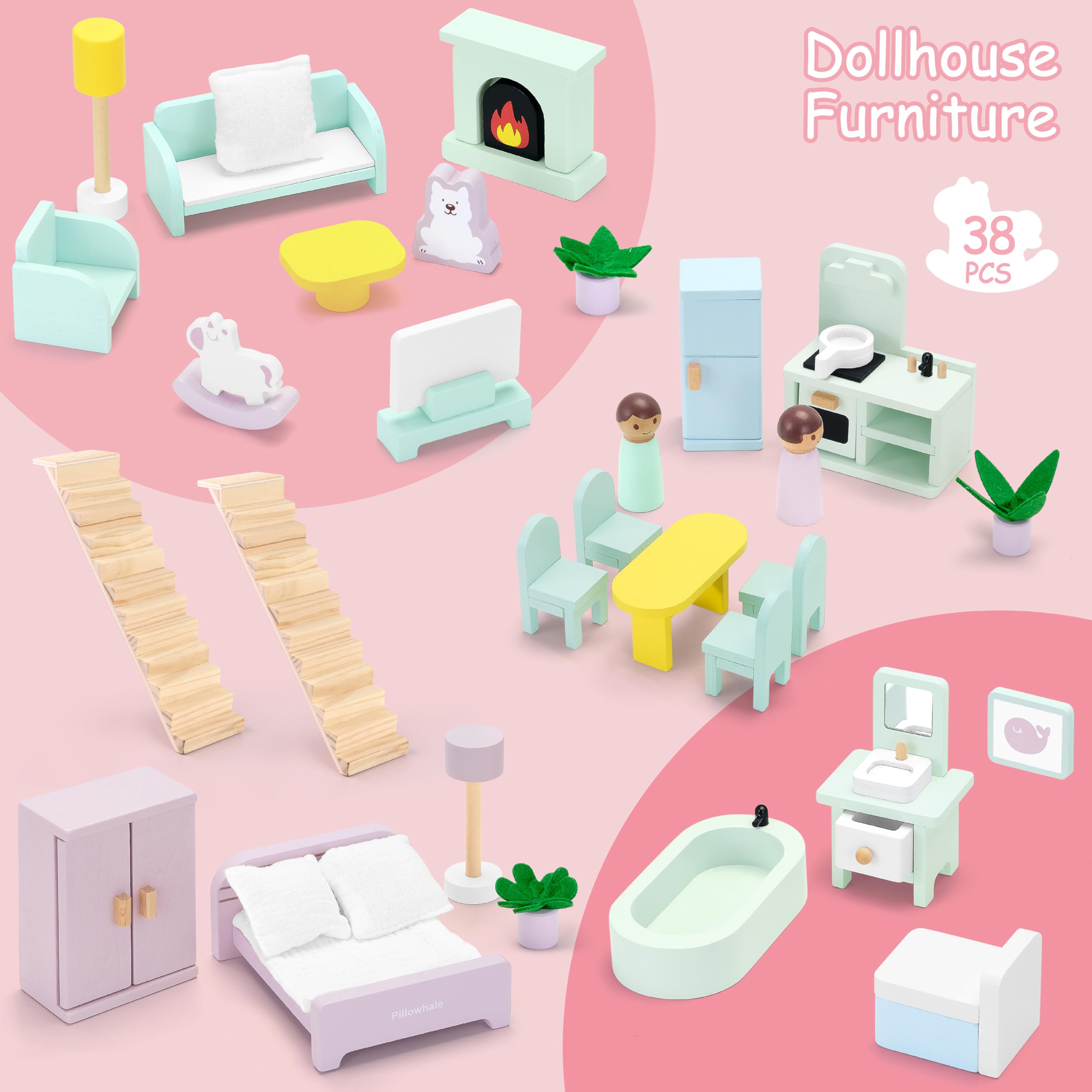 Casa de muñecas de madera Pillowhale con 36 piezas de - Imagen 6