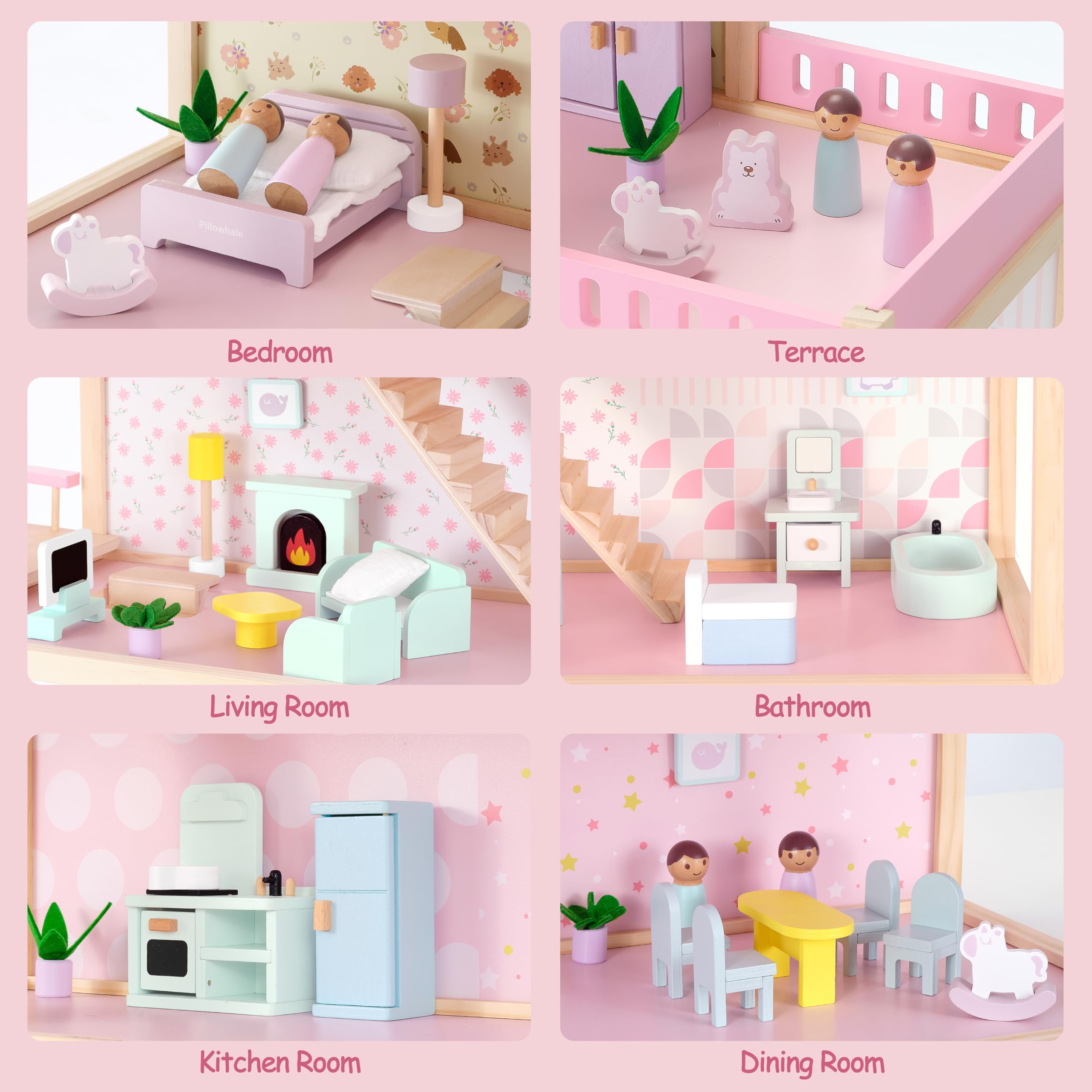 Casa de muñecas de madera Pillowhale con 36 piezas de - Imagen 3