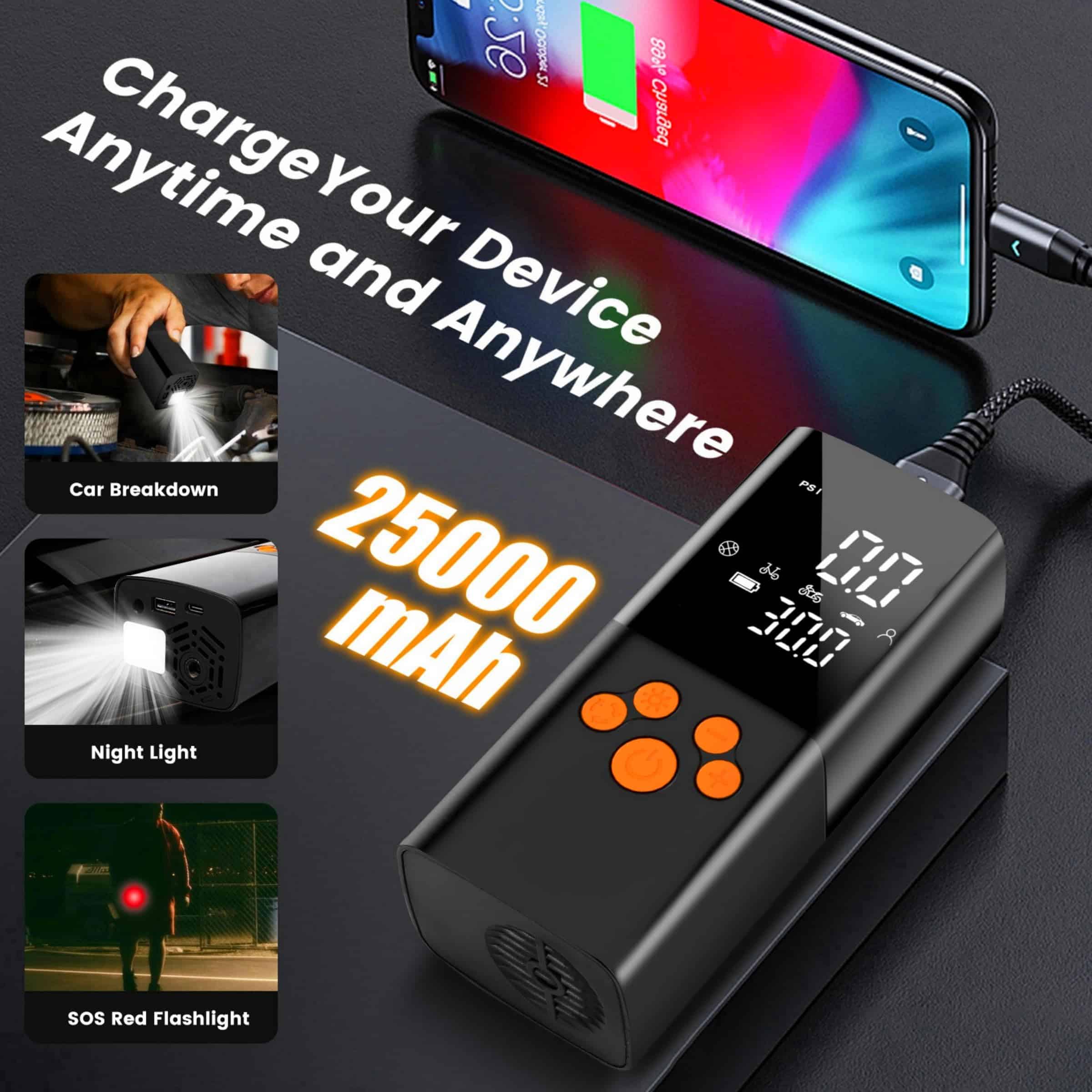 Inflador de neumáticos Portátil Compresor de aire, 25000mAh - Imagen 4