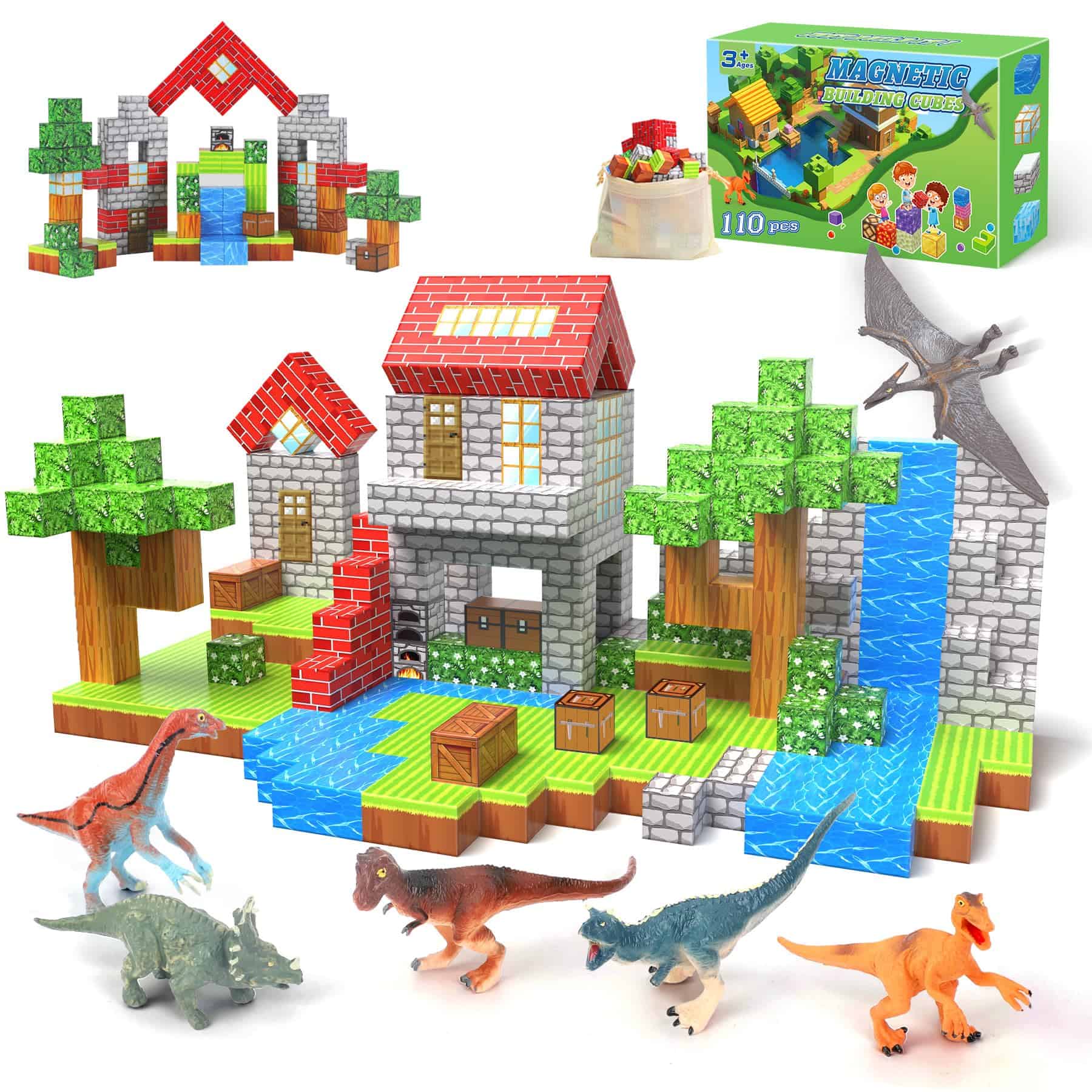 Bloques Magnéticos 110PCS con 6 Juguetes de Dinosaurios,