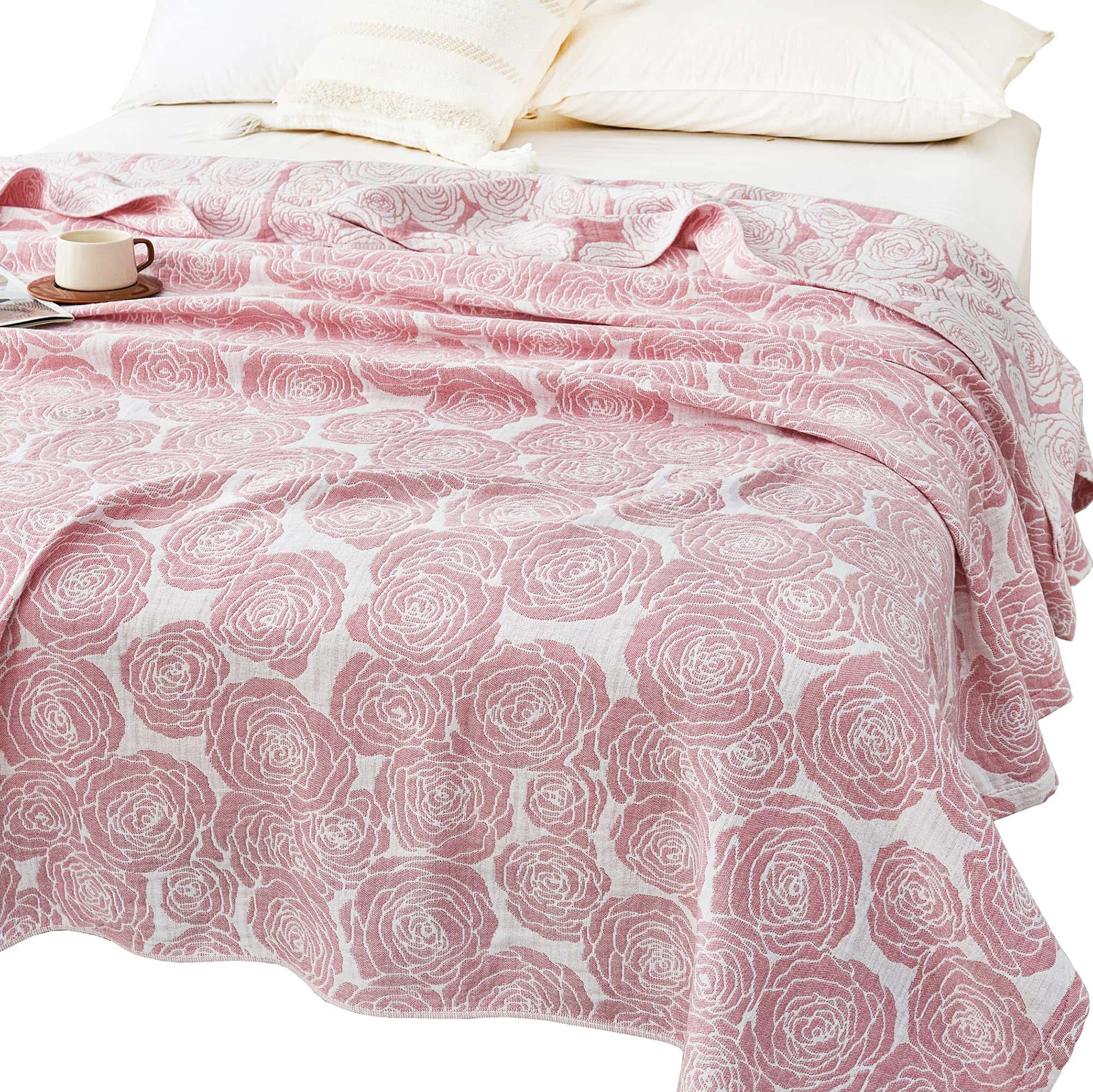 Manta de Muselina Moderna MEJU con Gran Flor Rosa para Cama