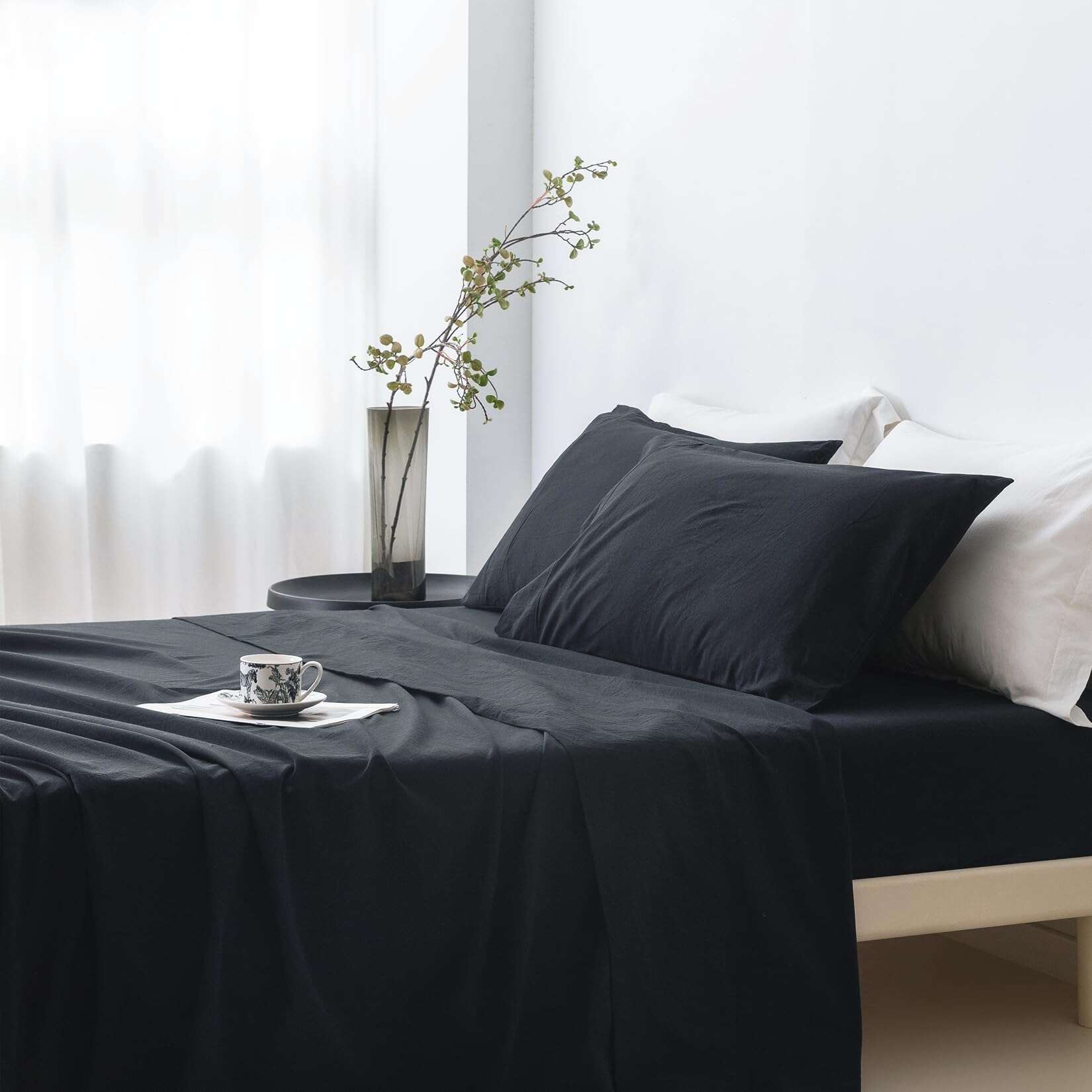 Juego de sábanas de 6 piezas BDEAR negro estilo lino para - Imagen 8