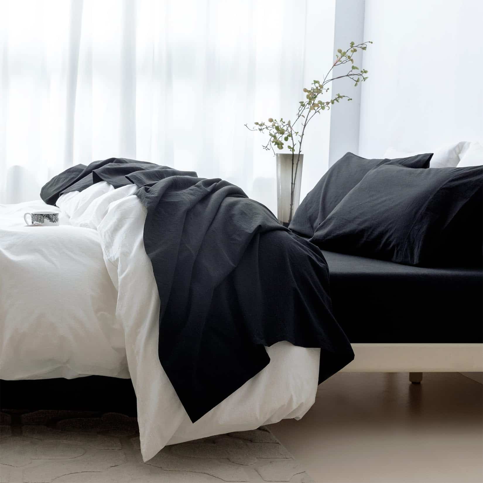 Juego de sábanas de 6 piezas BDEAR negro estilo lino para