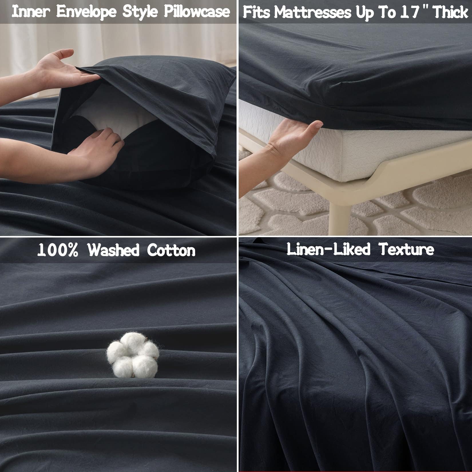 Juego de sábanas de 6 piezas BDEAR negro estilo lino para - Imagen 6