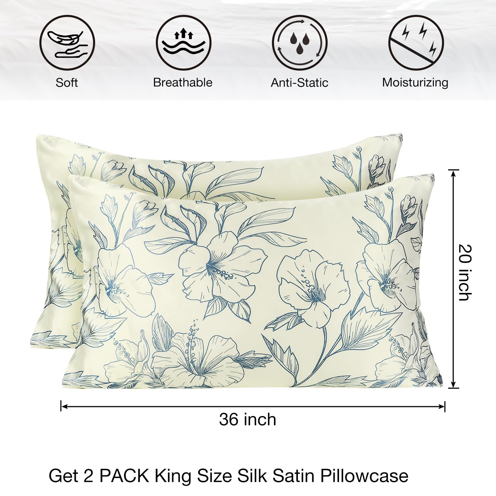 MANSPHIL Fundas de Almohada de Seda Azul Floral King 2 - Imagen 6