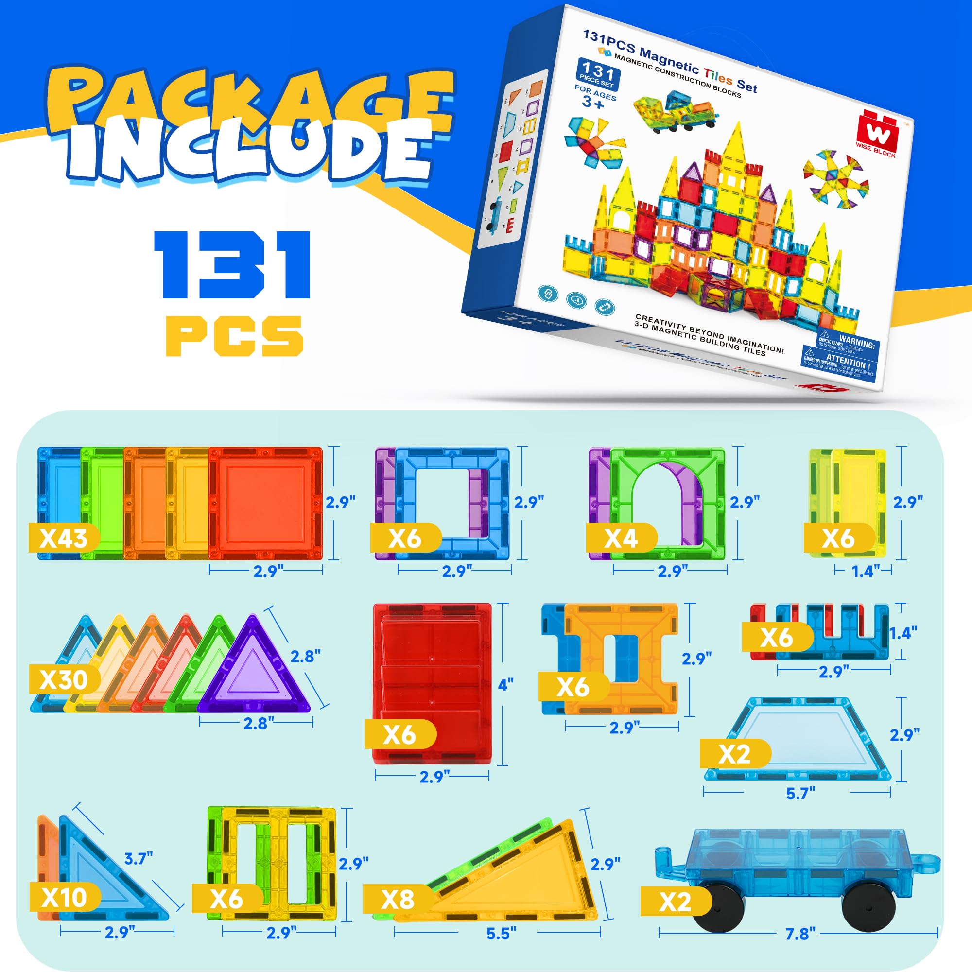 W WISE BLOCK Magnetic Tiles, 131 Piezas de Bloques - Imagen 8